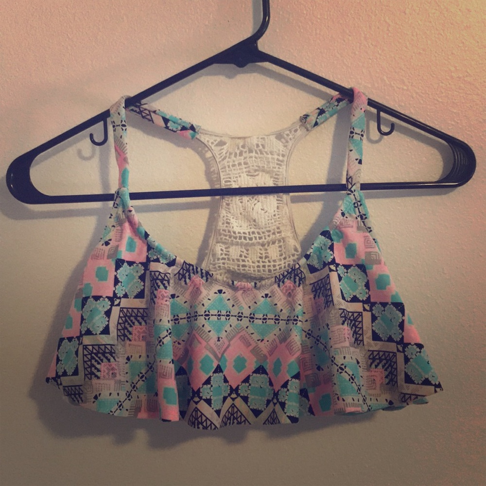 Top and bottom bikini pink/ teal/ cream pattern